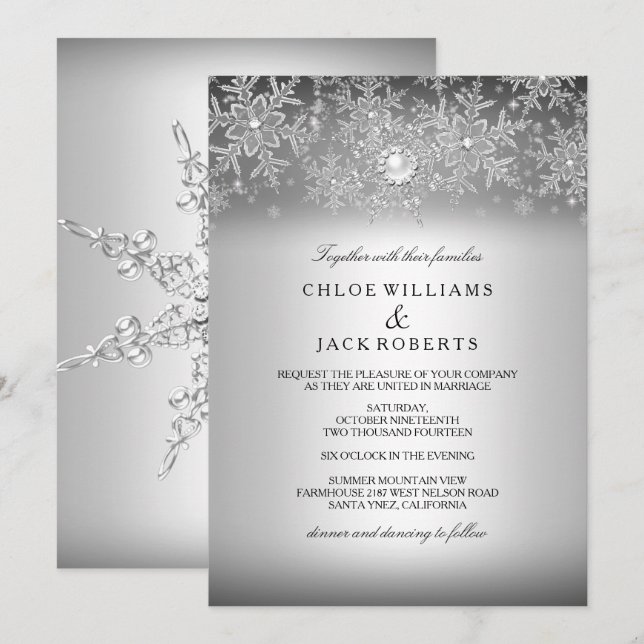 Convites Casamento de Inverno Prata Floco de Neve Pérola Cr (Frente/Verso)