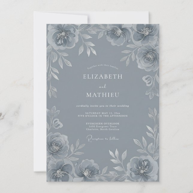 Convites Casamento de Inverno Refined Azul Aço (Frente)