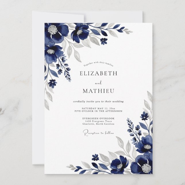 Convites Casamento de Inverno Refined Navy (Frente)