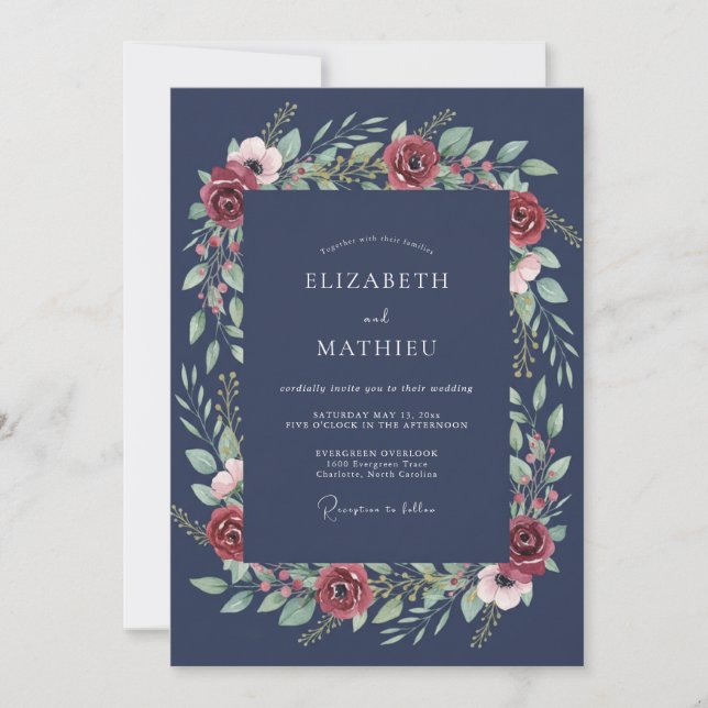 Convites Casamento de Inverno Rosa Navy (Frente)