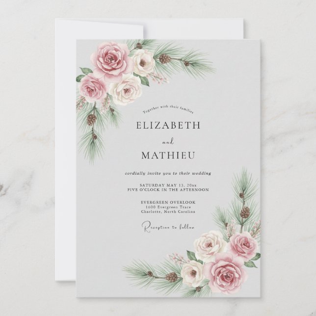 Convites Casamento de Inverno Rosa Piney (Frente)