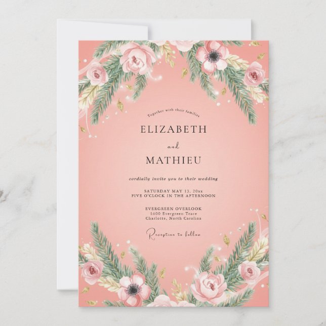 Convites Casamento de Inverno Rosa Salmão Elegante (Frente)