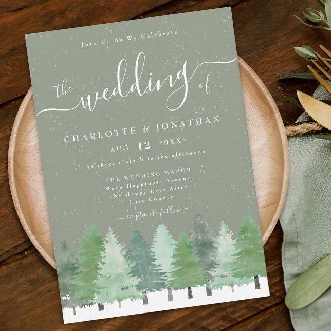 Convites Casamento de Inverno Rústico em Verde Oliva da Flo (Rustic elegant watercolor snowy evergreen Woodland winter forest sage green wedding invitation)