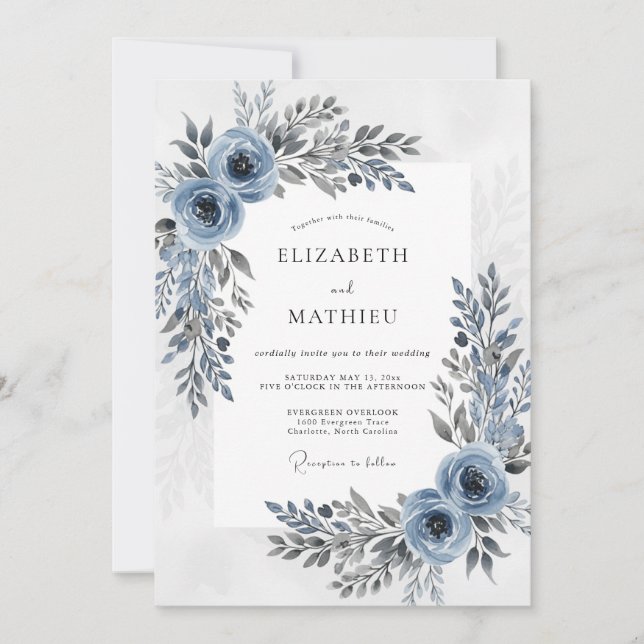 Convites Casamento de Inverno Sofisticado em Azul Empoeirad (Frente)