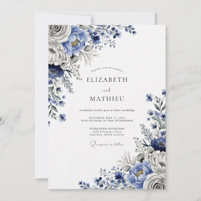 Convites Casamento de Inverno Sublime em Azul Aço (Frente)