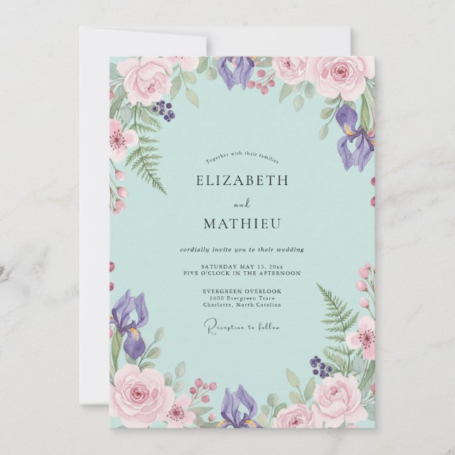 Convites Casamento de Íris de Eucalipto Roxo Aqua (Frente)