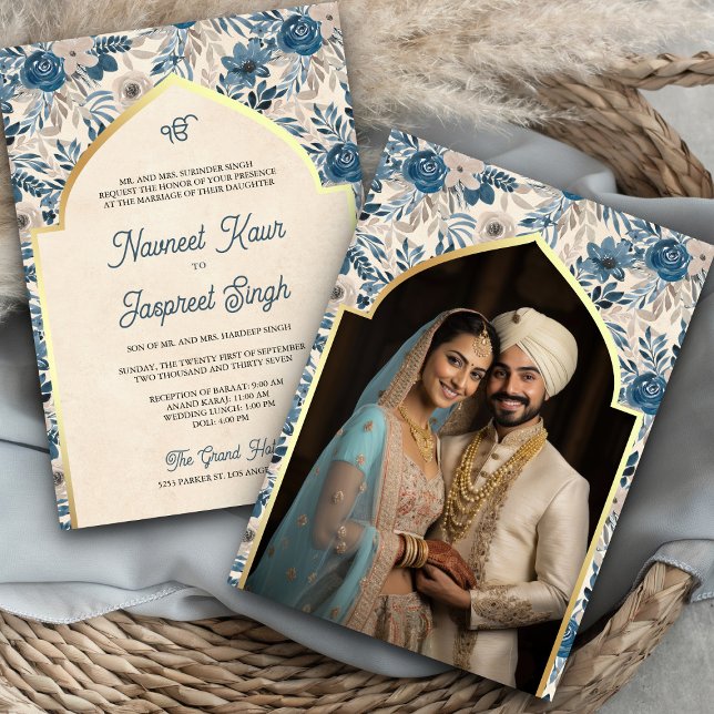 Convites Casamento de Ivory Blue Floral Anand Karaj Sikh (Criador carregado)