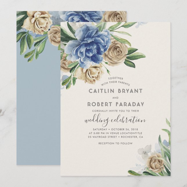 Convites Casamento de Ivory e Dusty Blue Floral (Frente/Verso)