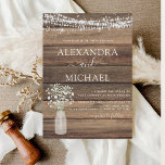 Convites Casamento de Jar Respiração do Bebê da Farmhouse R<br><div class="desc">Rustic Farmhouse String Lights e Jar of Baby's Breath Wedding Invtions on Wood background - inclui uma bela e elegante tipografia com moderna Country House Sparkle para a celebração especial do dia do casamento.</div>