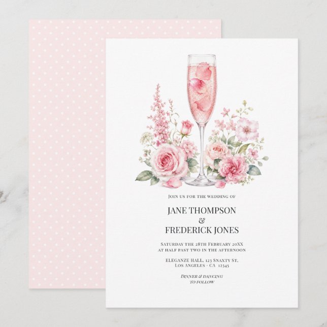 Convites Casamento de Jardim Champagne Elegante com Rosa (Frente/Verso)