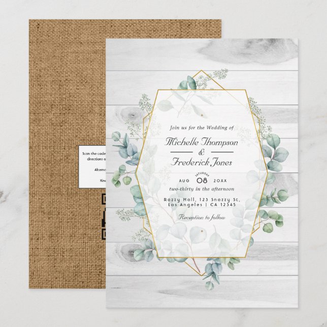 Convites Casamento de Jardim com Código QR Eucalipto Geomét (Frente/Verso)