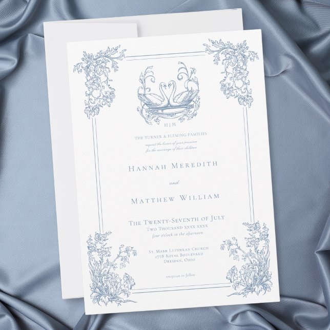 Convites Casamento de Jardim com Crista de Cisne Azul Elega (Vintage Elegant Blue Swan Crest Garden Wedding Invitation)