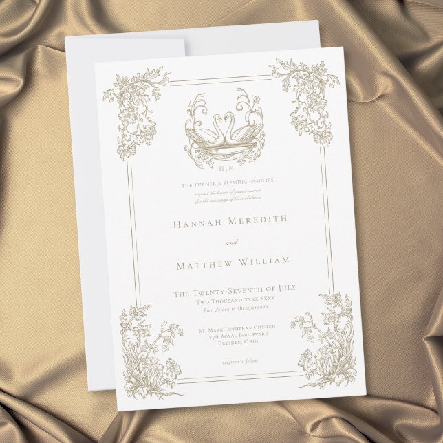 Convites Casamento de Jardim com Crista de Cisne Dourado El (Vintage Elegant Gold Swan Crest Garden Wedding Invitation)