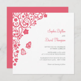 Convites Casamento de Jardim de Borboleta Floral Coral Rosa