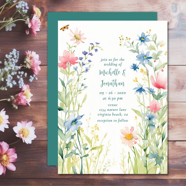 Convites Casamento de Jardim de Flores Selvagens bonito (Pretty Watercolor Wildflowers Wedding Invitation)