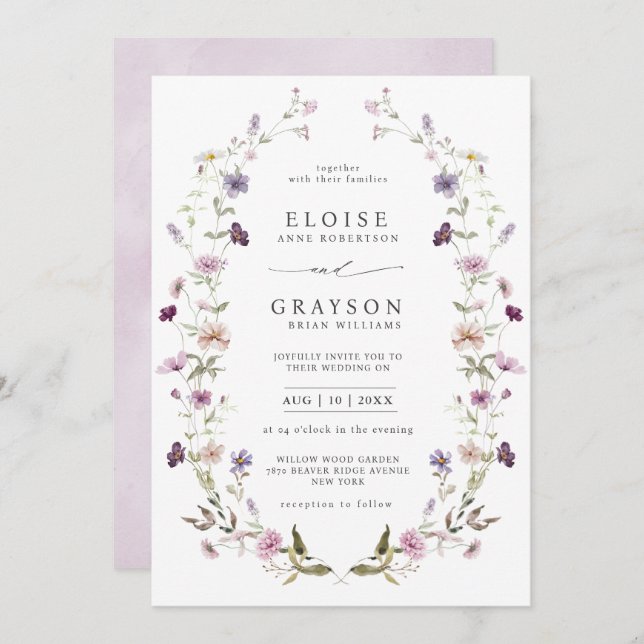 Convites Casamento de Jardim de Flores Selvagens com Lavand (Frente/Verso)