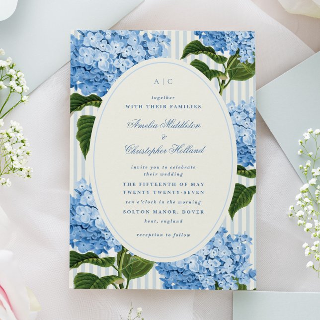 Convites Casamento de Jardim de Hortênsias Azuis da Costa L (preppy watercolour hydrangea flowers wedding invitation in blue and off-white.)