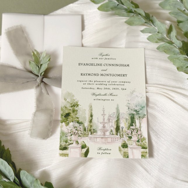 Convites Casamento de Jardim de Manor de Aquarela Elegante (Criador carregado)