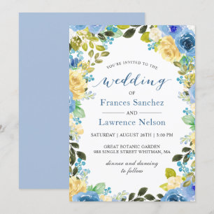 Convites Casamento de Jardim de Rosa Amarelo Azul Elegante