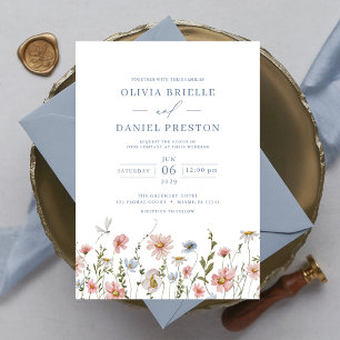 Convites Casamento de Jardim Elegante Rosa-Rosa-Blush Azul-