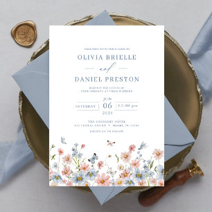 Convites Casamento de Jardim Elegante Rosa-Rosa-Blush Azul-