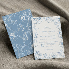 Convites Casamento de Jardim Floral Azul Elegante e Empolad