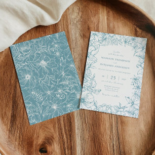 Convites Casamento de Jardim Floral Azul Simples e Elegante
