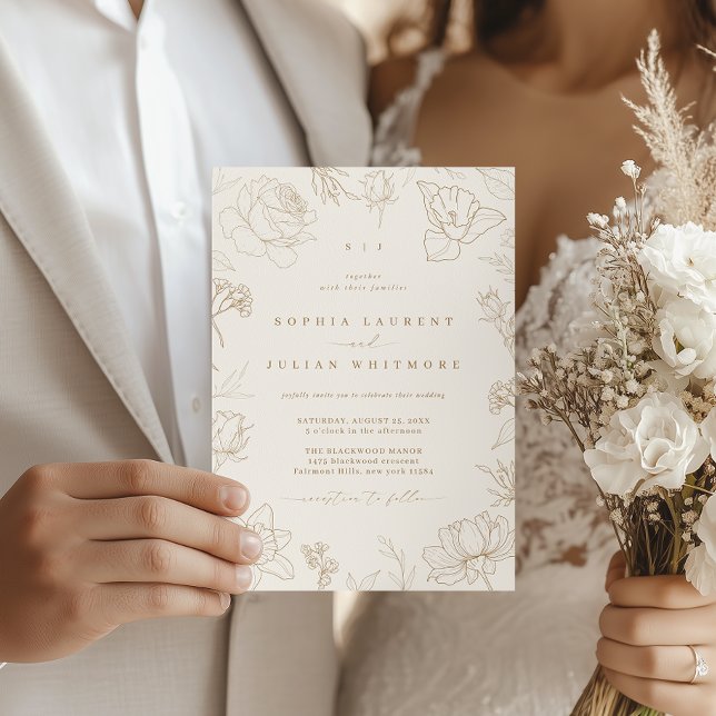 Convites Casamento de Jardim Floral Desenhado em Marfim e D (Criador carregado)