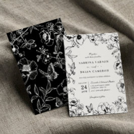 Convites Casamento de Jardim Floral Preto e Branco Elegante