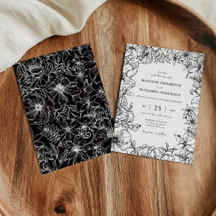 Convites Casamento de Jardim Floral Preto e Branco Simples 
