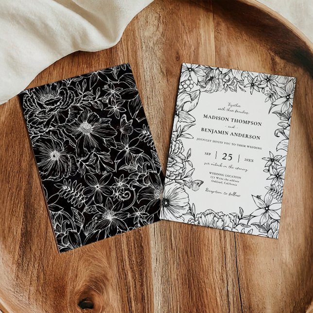 Convites Casamento de Jardim Floral Preto e Branco Simples  (Criador carregado)