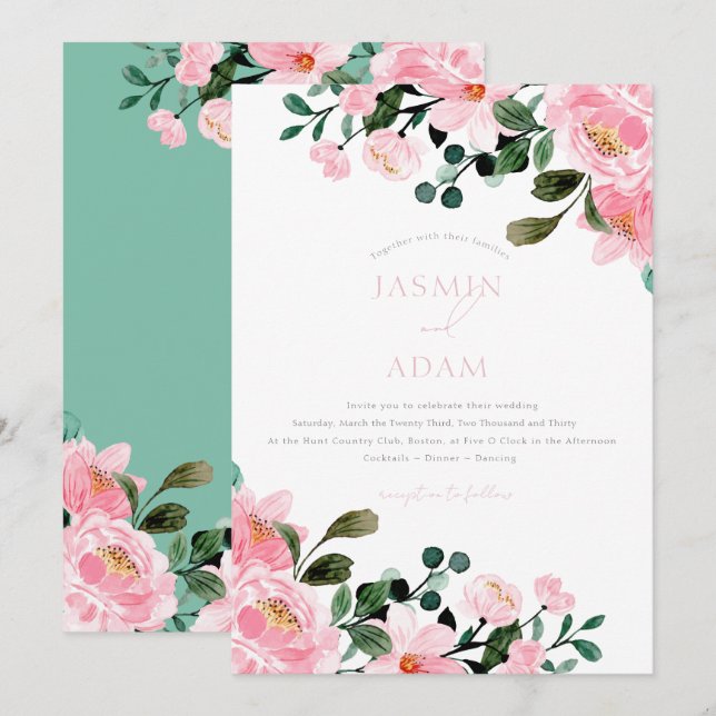Convites Casamento de Jardim Floral Rosa Elegante (Frente/Verso)