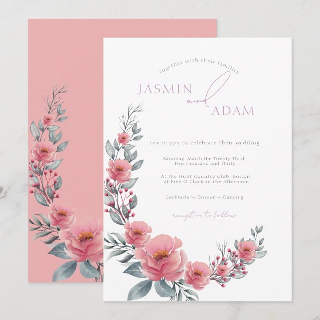 Convites Casamento de Jardim Floral Rosa Elegante (Frente/Verso)