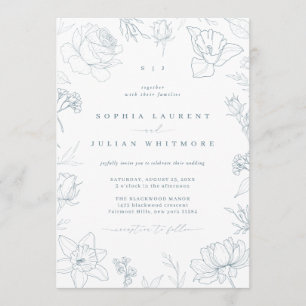 Convites Casamento de Jardim Floral Vintage Azul Desbotado