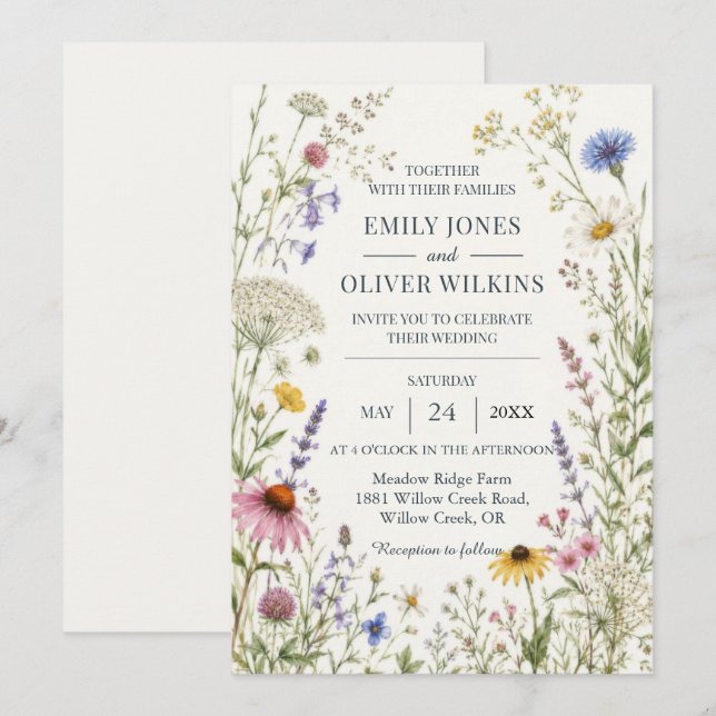 Convites Casamento de Jardim Rústico com Flores Silvestres (Frente/Verso)