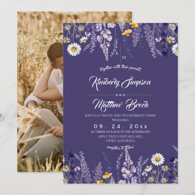 Convites Casamento de Jardim Rústico com Flores Silvestres (Frente/Verso)