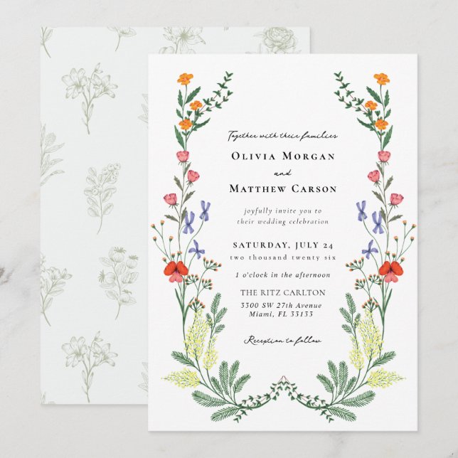 Convites Casamento de Jardim Secreto Boho Wildflower (Frente/Verso)