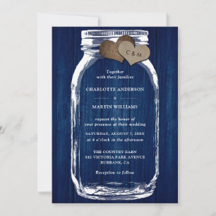 Convites Casamento de Jarra de Mason de Madeira Rústica Azu