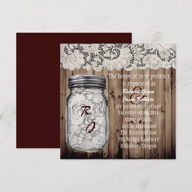 Convites casamento de jarra de mason de madeira rústica vin (Frente/Verso)