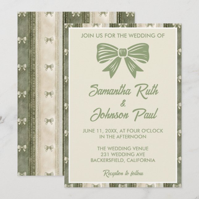 Convites Casamento de Jeans Rústico em Verde Salvia (Frente/Verso)