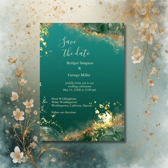 Convites Casamento de joia de ouro verde e esmeralda seguro (Criador carregado)