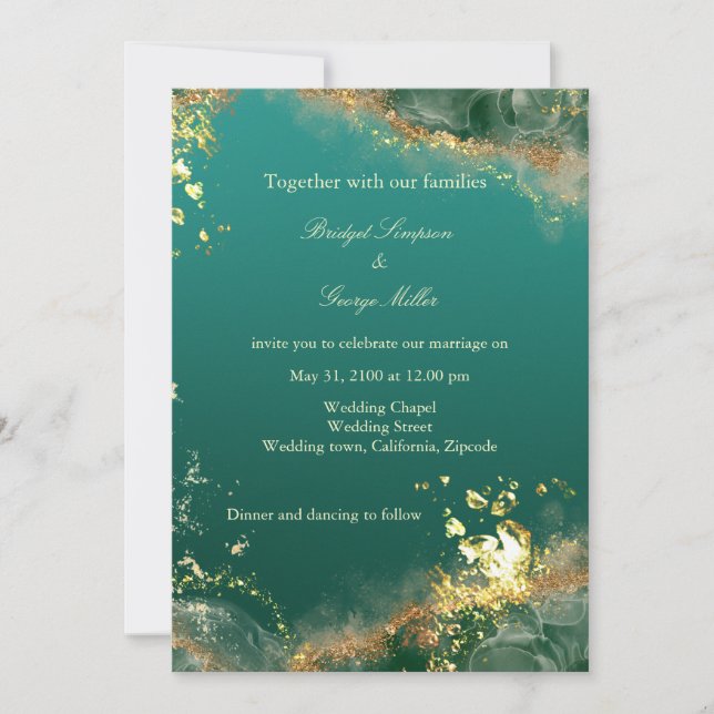 Convites Casamento de joias de ouro verde-esmeralda (Frente)