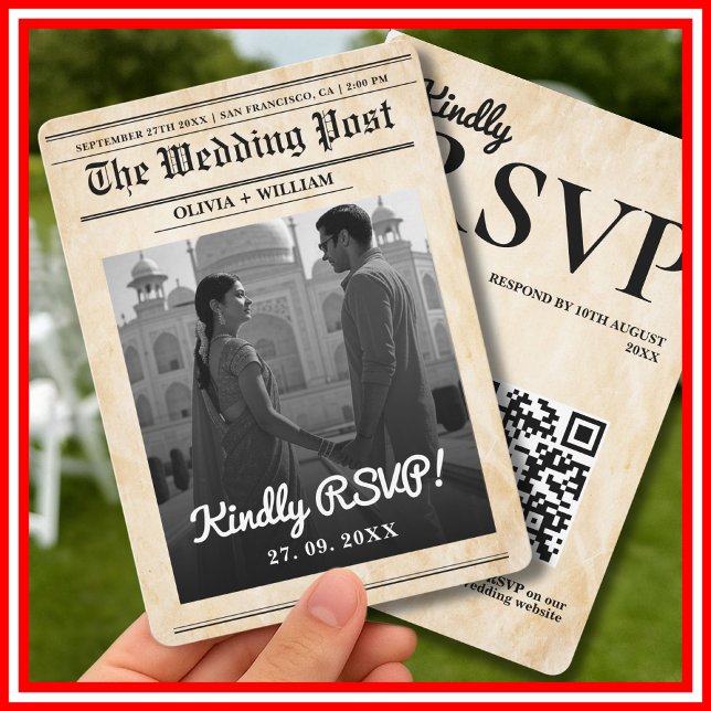 Convites Casamento de Jornal Código QR Rustic Elegante RSVP (Criador carregado)