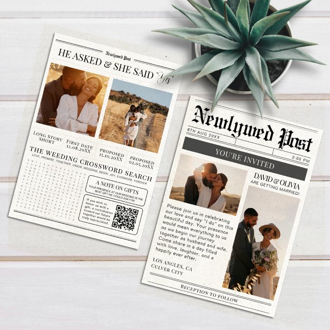 Convites Casamento de Jornal Moderno Preto e Branco (Criador carregado)
