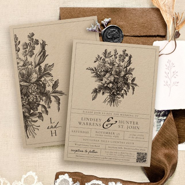 Convites Casamento de Kraft Russo Floral Russo Negro Elegan (Unique kraft black & white vintage floral bouquet elegant botanical classic label wedding invitation)