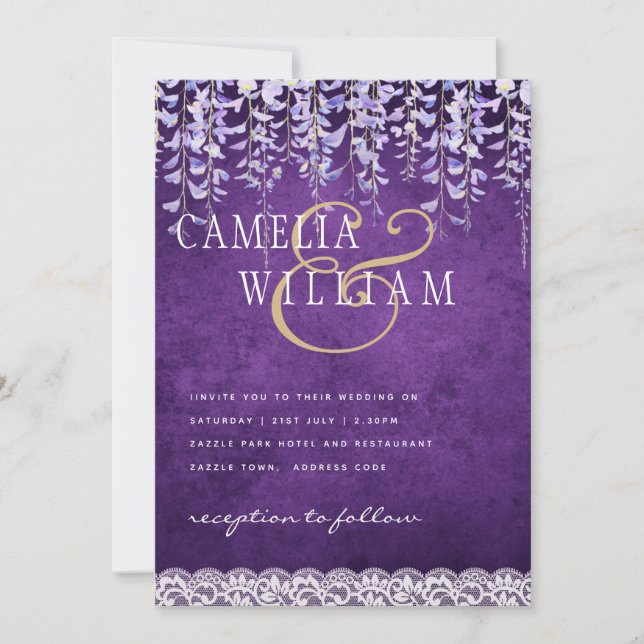 Convites Casamento de Lace de Wisteria Roxo Moderno (Frente)