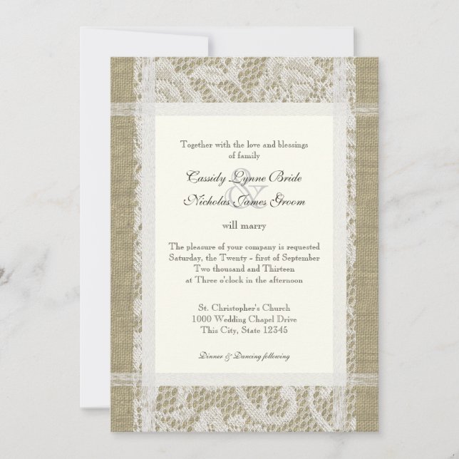Convites Casamento de Lace e Burlap Country Romance 7x5 (Frente)