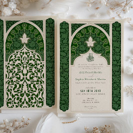 Convites Casamento de Lace Islâmico de Verdant Emerald Eleg