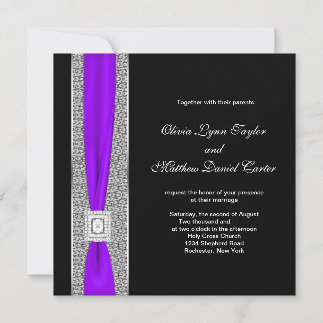 Convites Casamento de Laço Preto Roxo Roxo (Frente)