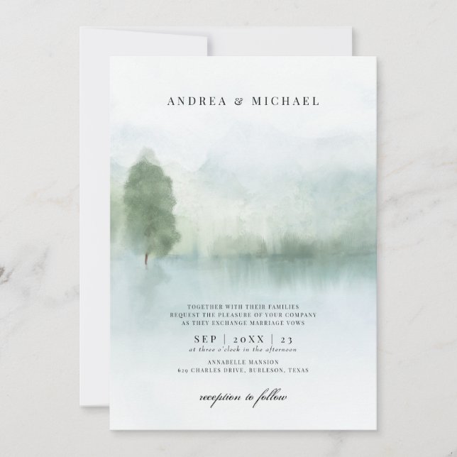 Convites Casamento de Lago e Árvores com Aquarela Abstrata (Frente)